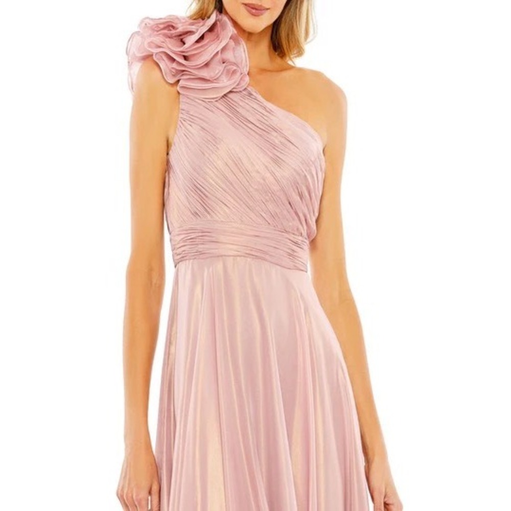 Mac‎ Duggal Ieena Rose Gold Metallic One Shoulder Rosette Midi Dress 70173 Sz 14